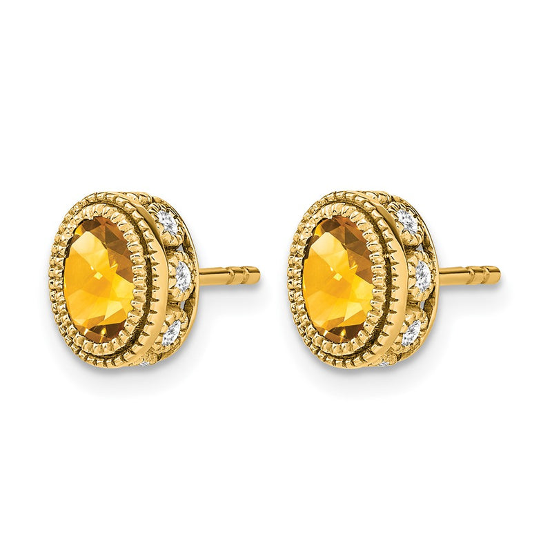 14k Yellow Gold Oval Citrine and Real Diamond Earrings