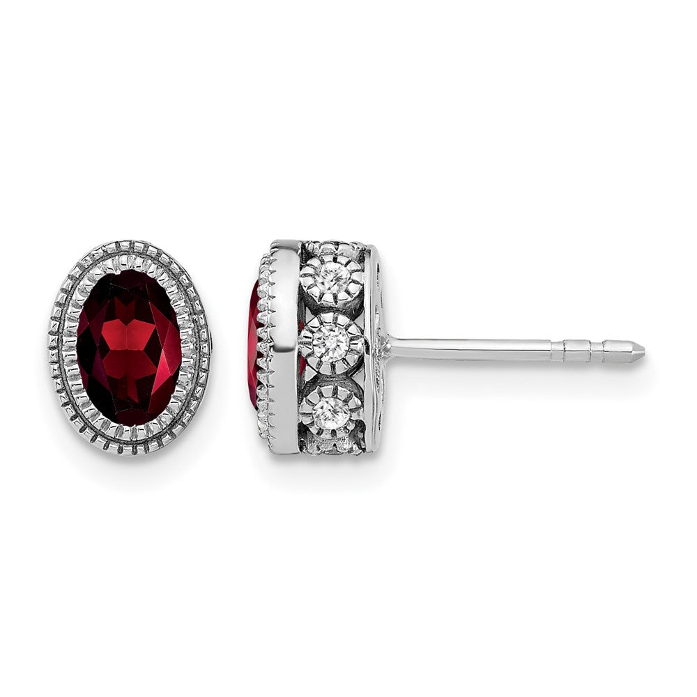14k White Gold Oval Garnet and Real Diamond Earrings