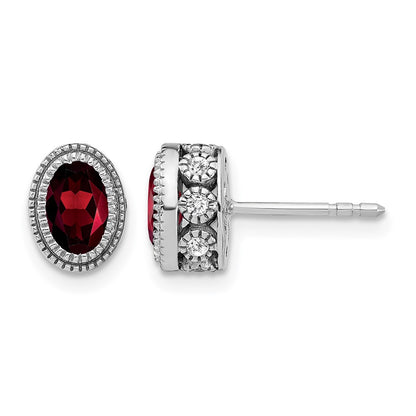 14k White Gold Oval Garnet and Real Diamond Earrings