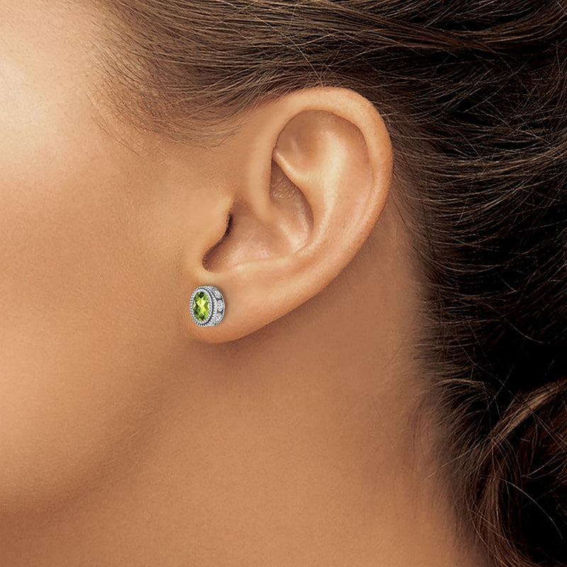 14k White Gold Oval Peridot and Real Diamond Earrings