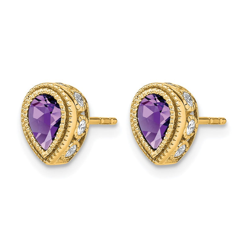 14k Yellow Gold Pear Amethyst and Real Diamond Earrings