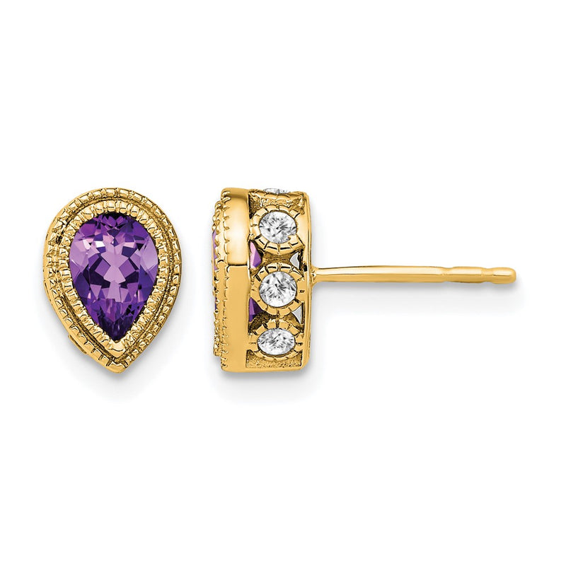 14k Yellow Gold Pear Amethyst and Real Diamond Earrings