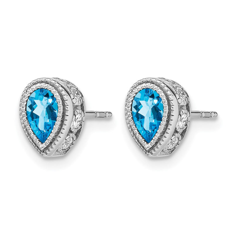 14k White Gold Pear Blue Topaz and Real Diamond Earrings