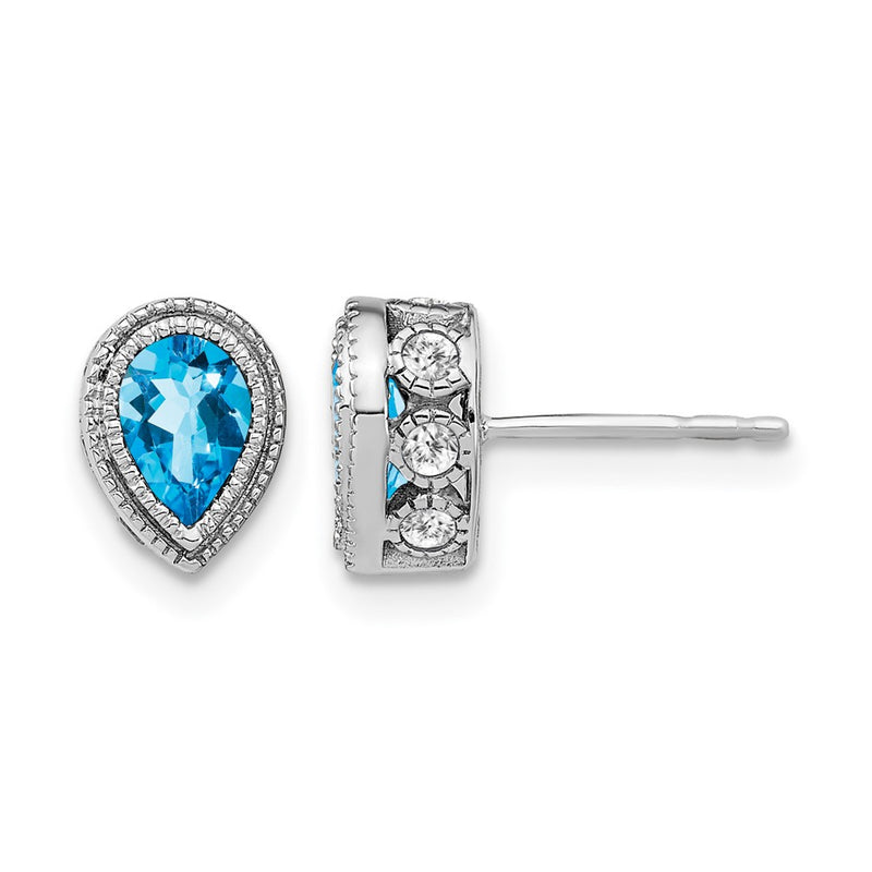 14k White Gold Pear Blue Topaz and Real Diamond Earrings
