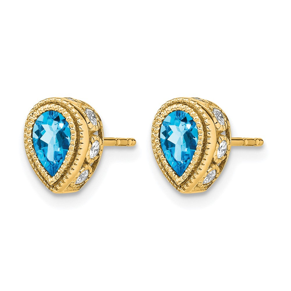 14k Yellow Gold Pear Blue Topaz and Real Diamond Earrings