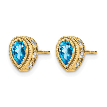 14k Yellow Gold Pear Blue Topaz and Real Diamond Earrings