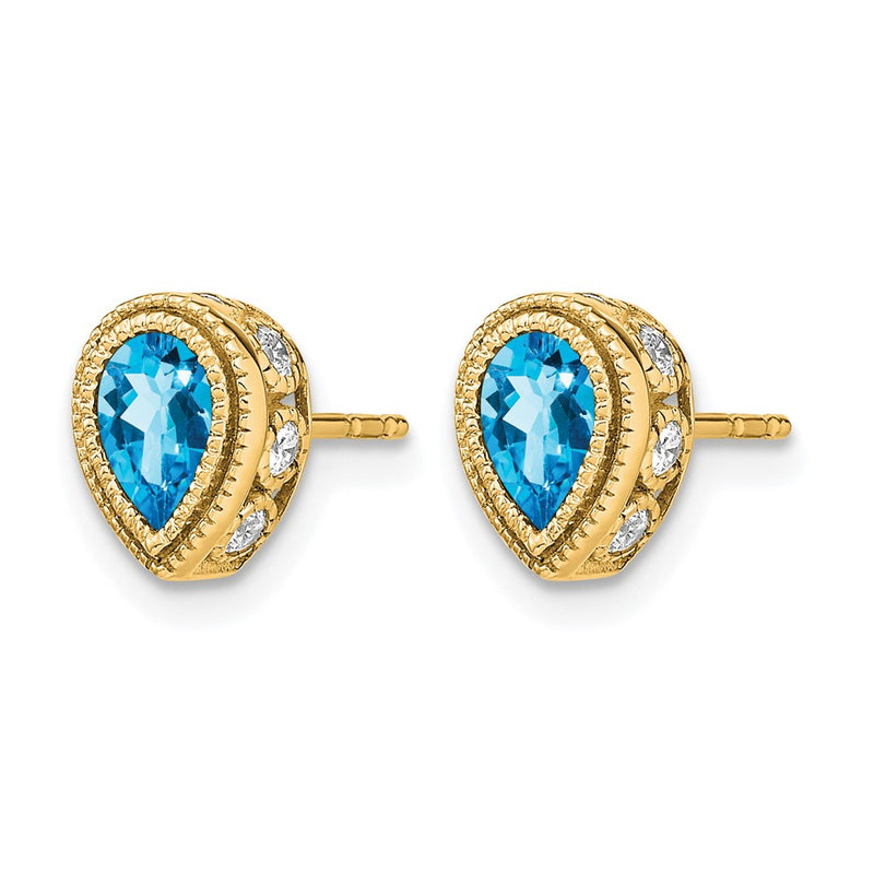 14k Yellow Gold Pear Blue Topaz and Real Diamond Earrings