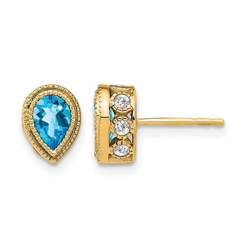 14k Yellow Gold Pear Blue Topaz and Real Diamond Earrings
