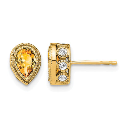 14k Yellow Gold Pear Citrine and Real Diamond Earrings