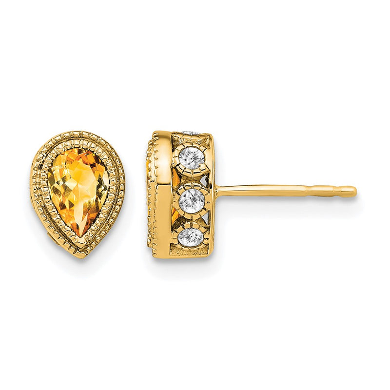 14k Yellow Gold Pear Citrine and Real Diamond Earrings