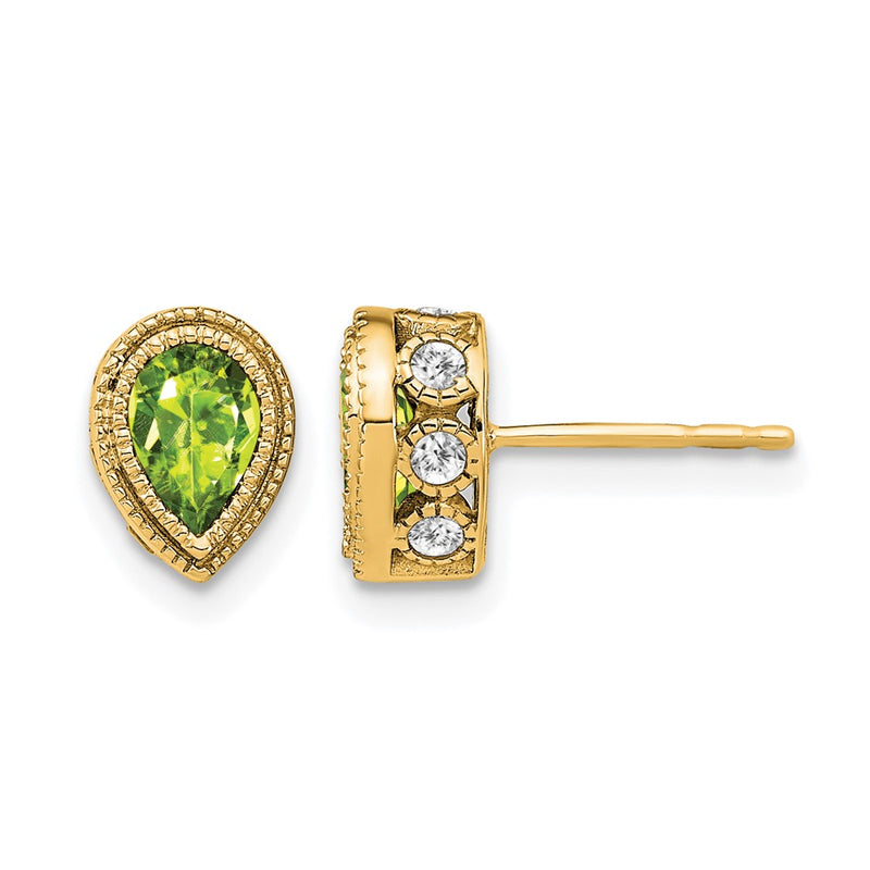 14k Yellow Gold Pear Peridot and Real Diamond Earrings