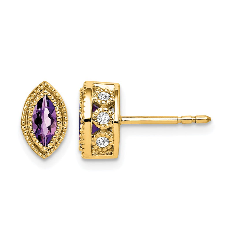 14k Yellow Gold Marquise Amethyst and Real Diamond Earrings