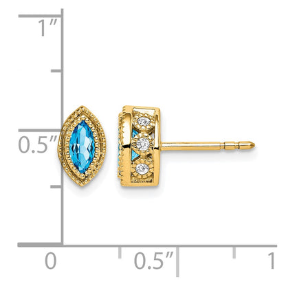 14k Yellow Gold Marquise Blue Topaz and Real Diamond Earrings
