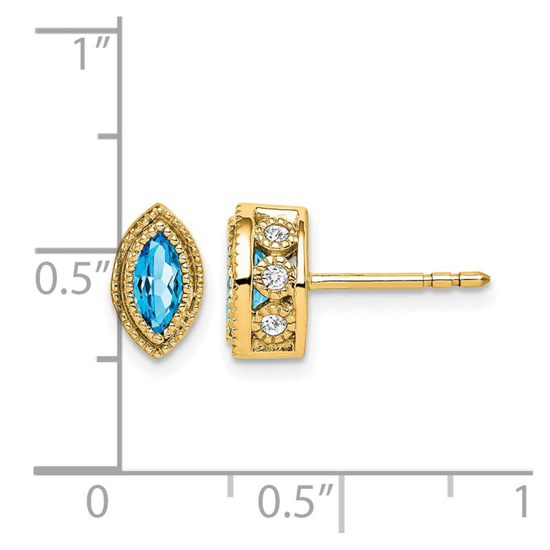 14k Yellow Gold Marquise Blue Topaz and Real Diamond Earrings