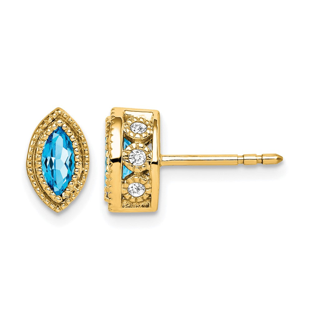 14k Yellow Gold Marquise Blue Topaz and Real Diamond Earrings