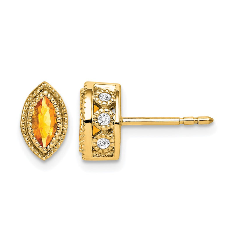 14k Yellow Gold Marquise Citrine and Real Diamond Earrings