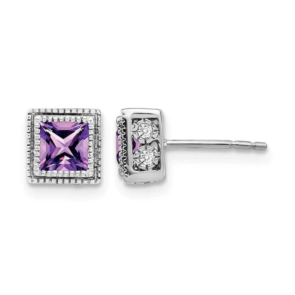 14k White Gold Square Amethyst and Real Diamond Earrings