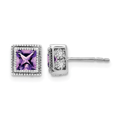 14k White Gold Square Amethyst and Real Diamond Earrings