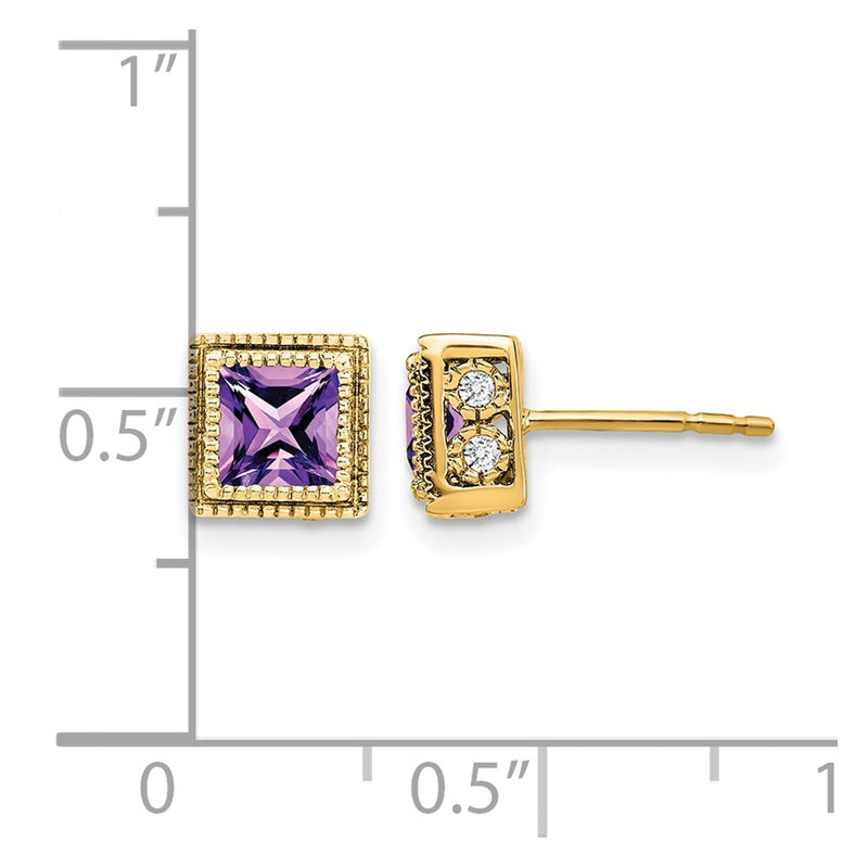 14k Yellow Gold Square Amethyst and Real Diamond Earrings