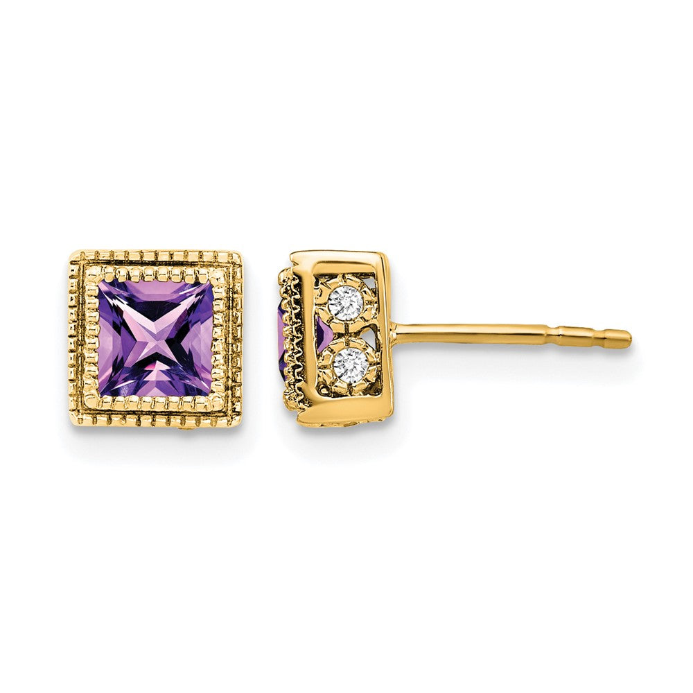 14k Yellow Gold Square Amethyst and Real Diamond Earrings