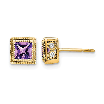 14k Yellow Gold Square Amethyst and Real Diamond Earrings