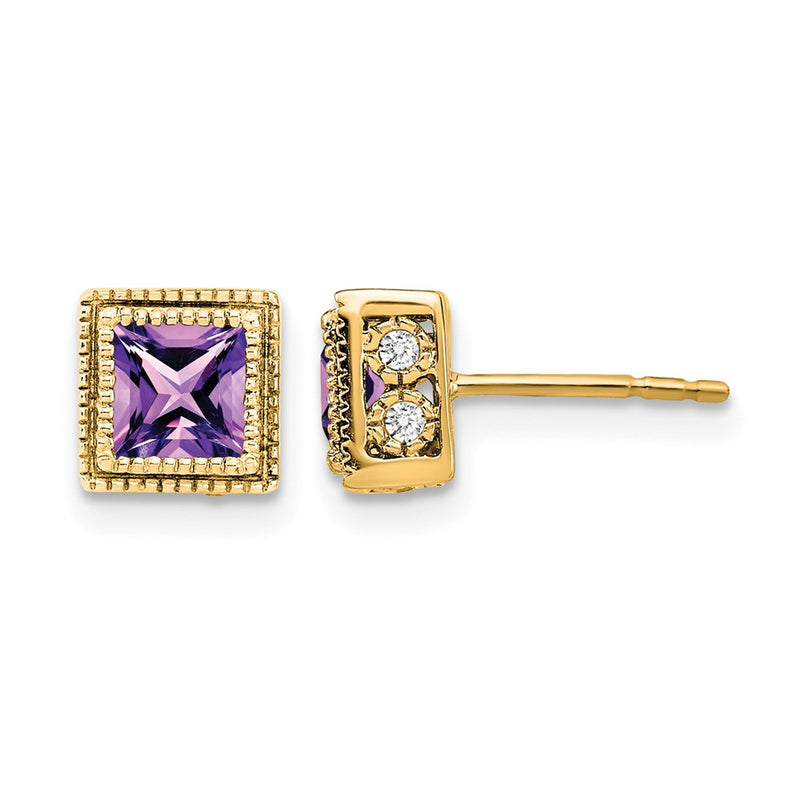 14k Yellow Gold Square Amethyst and Real Diamond Earrings