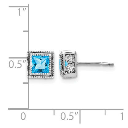 14k White Gold Square Blue Topaz and Real Diamond Earrings
