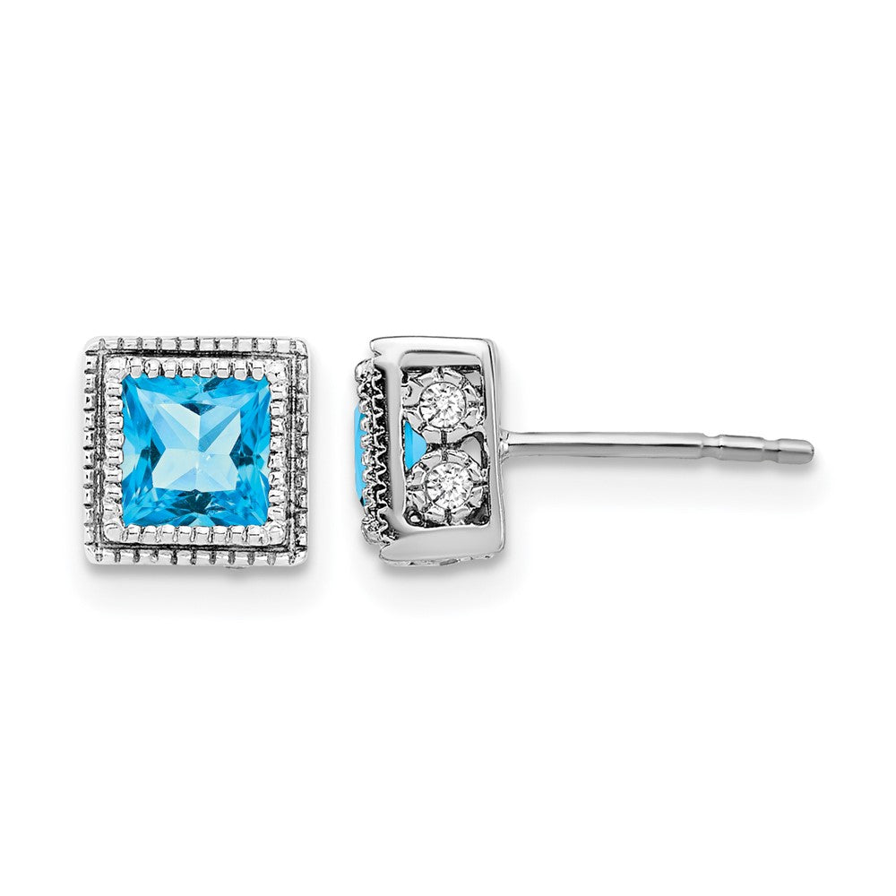 14k White Gold Square Blue Topaz and Real Diamond Earrings