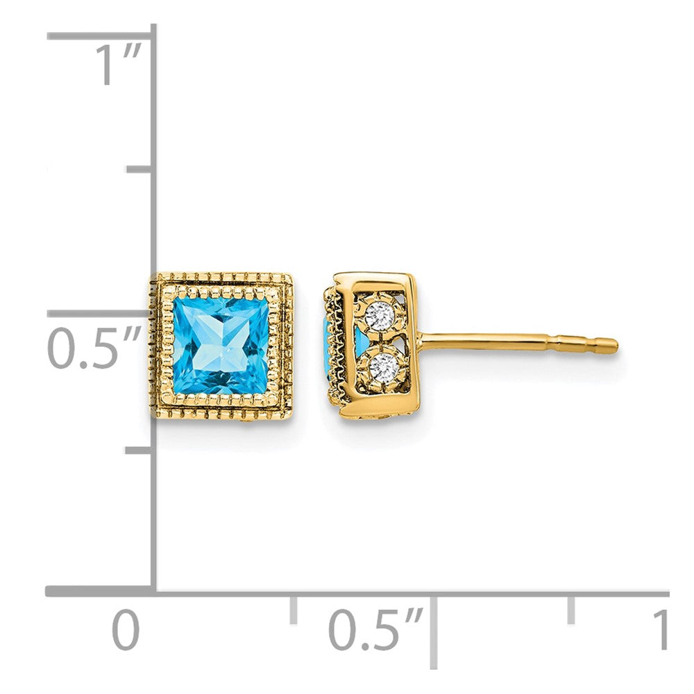 14k Yellow Gold Square Blue Topaz and Real Diamond Earrings