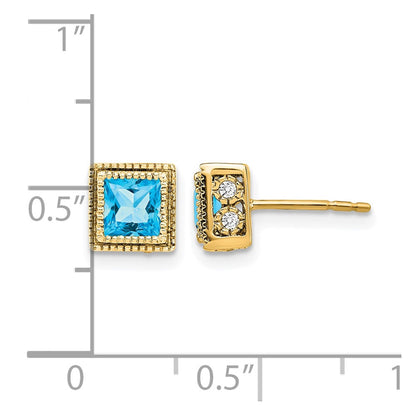 14k Yellow Gold Square Blue Topaz and Real Diamond Earrings
