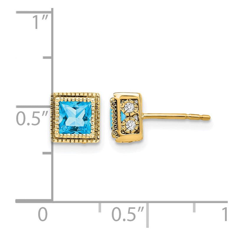 14k Yellow Gold Square Blue Topaz and Real Diamond Earrings