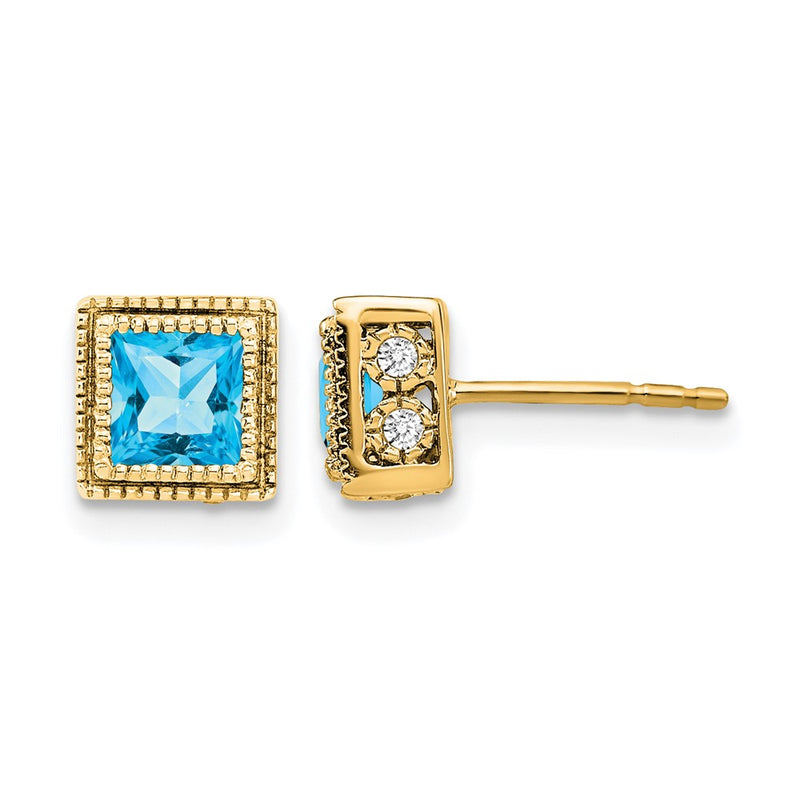 14k Yellow Gold Square Blue Topaz and Real Diamond Earrings