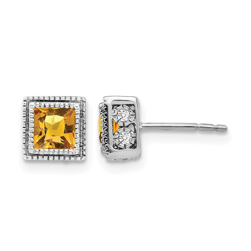 14k White Gold Square Citrine and Real Diamond Earrings