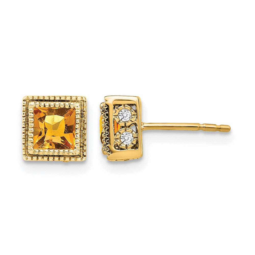14k Yellow Gold Square Citrine and Real Diamond Earrings