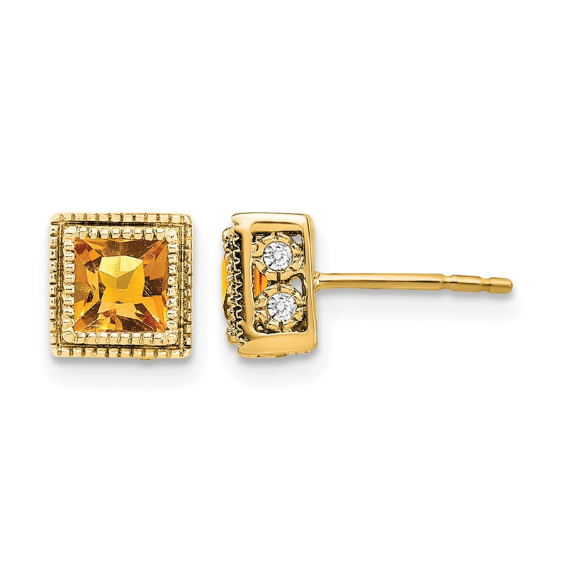14k Yellow Gold Square Citrine and Real Diamond Earrings
