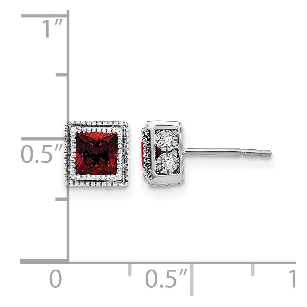 14k White Gold Square Garnet and Real Diamond Earrings