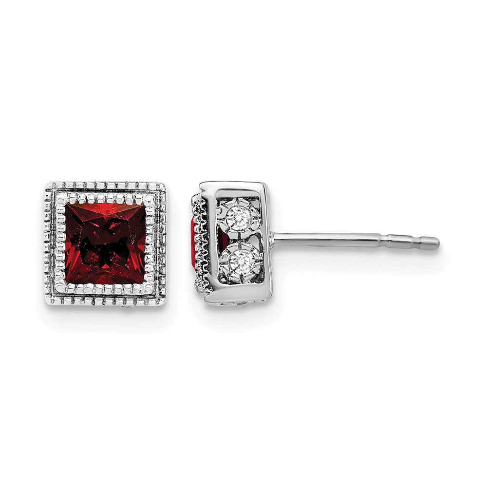 14k White Gold Square Garnet and Real Diamond Earrings