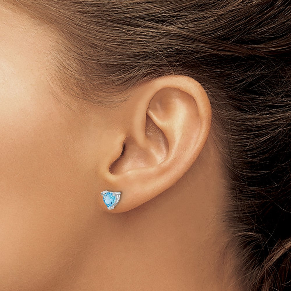 Solid 14k White Gold Heart Simulated Blue Topaz Earrings