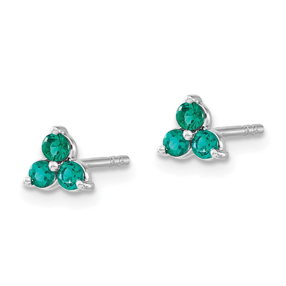 Solid 14k White Gold 3-stone Created Simulated Emerald Triangle Earrings