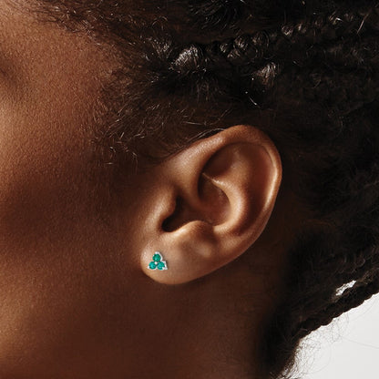 Solid 14k White Gold 3-stone Created Simulated Emerald Triangle Earrings