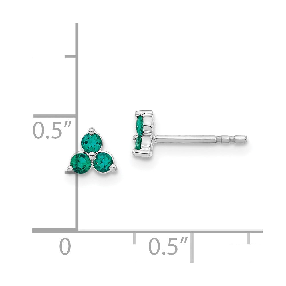 Solid 14k White Gold 3-stone Created Simulated Emerald Triangle Earrings