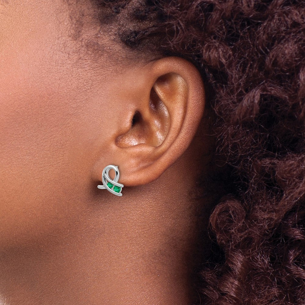 Solid 14k White Gold Created Simulated Emerald Earrings