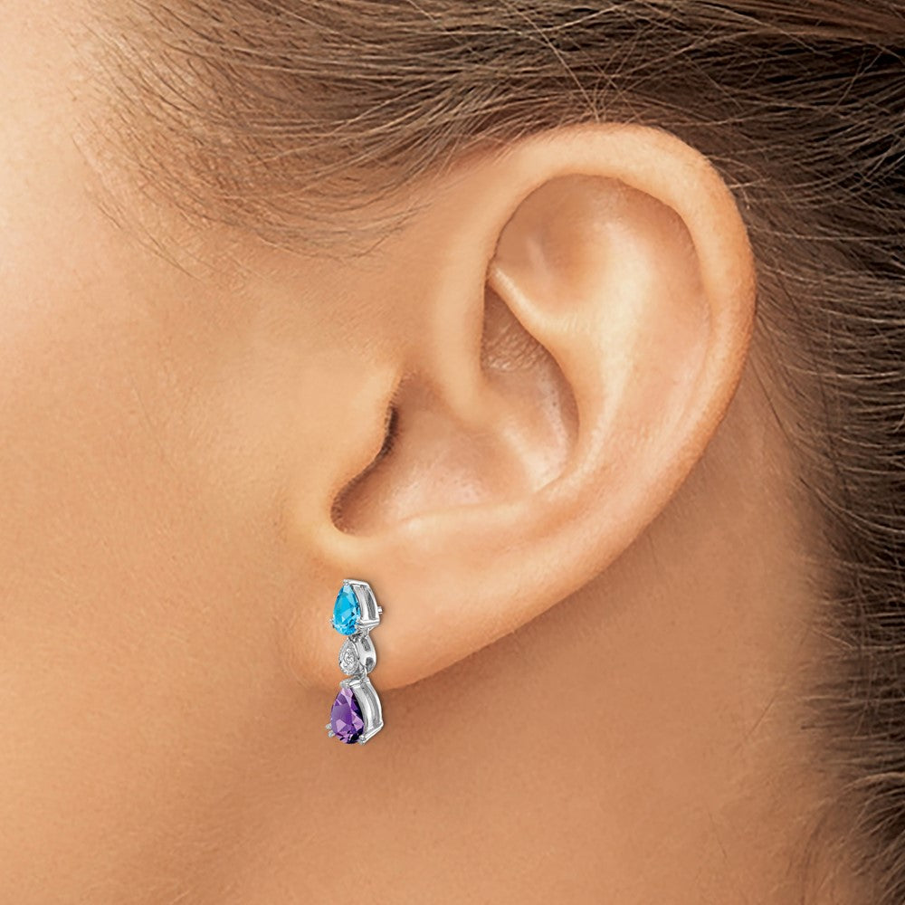 14K White Gold Blue Topaz/amethyst/diamond Earrings