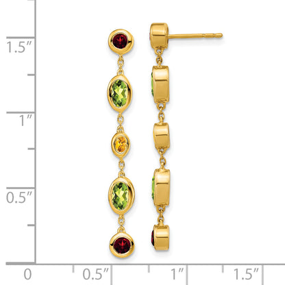 14k Yellow Gold Garnet/Peridot/Citrine Dangle Earrings