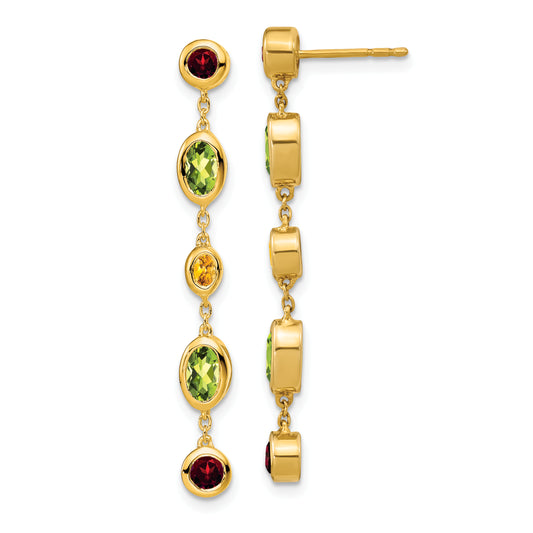 14k Yellow Gold Garnet/Peridot/Citrine Dangle Earrings