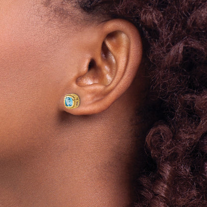 10K Yellow Gold Cushion Blue Topaz Earrings