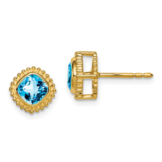 10K Yellow Gold Cushion Blue Topaz Earrings