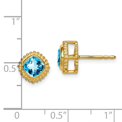14k Yellow Gold Cushion Blue Topaz Earrings