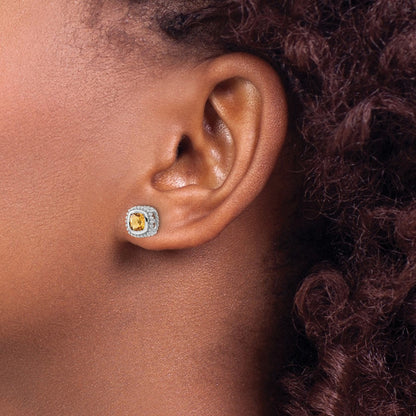 Solid 14k White Gold Cushion Simulated Citrine Earrings