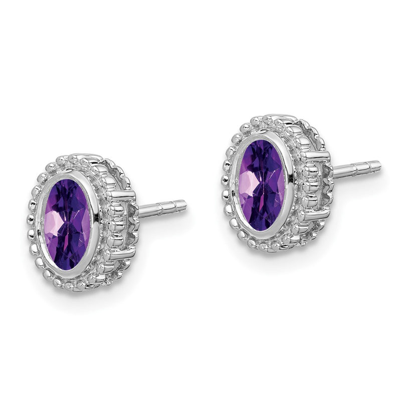 Solid 14k White Gold Oval Simulated Amethyst Post Earrings